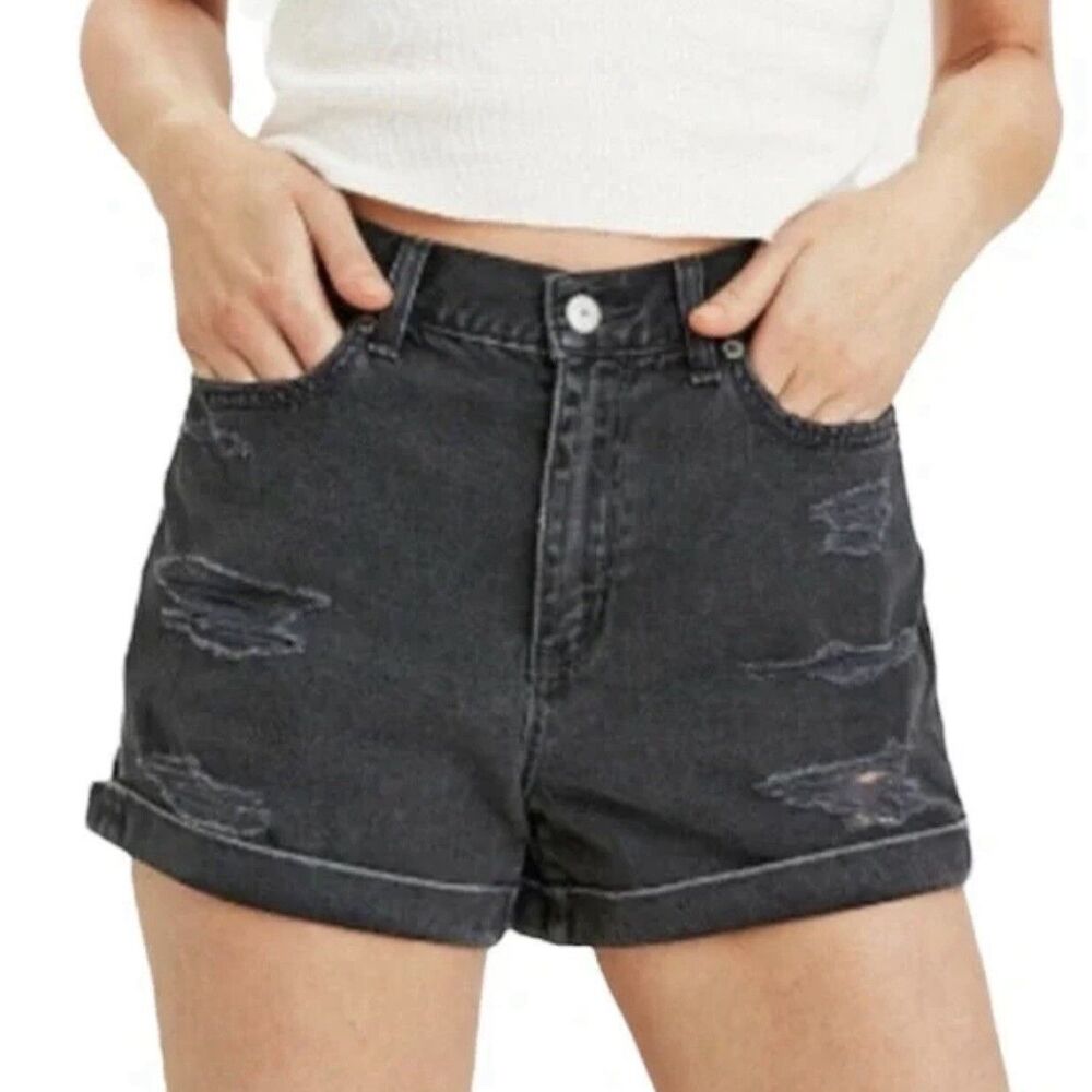 AMERICAN EAGLE Mom Shorts High Rise Distressed Denim Ripped Jeans Black Size 6